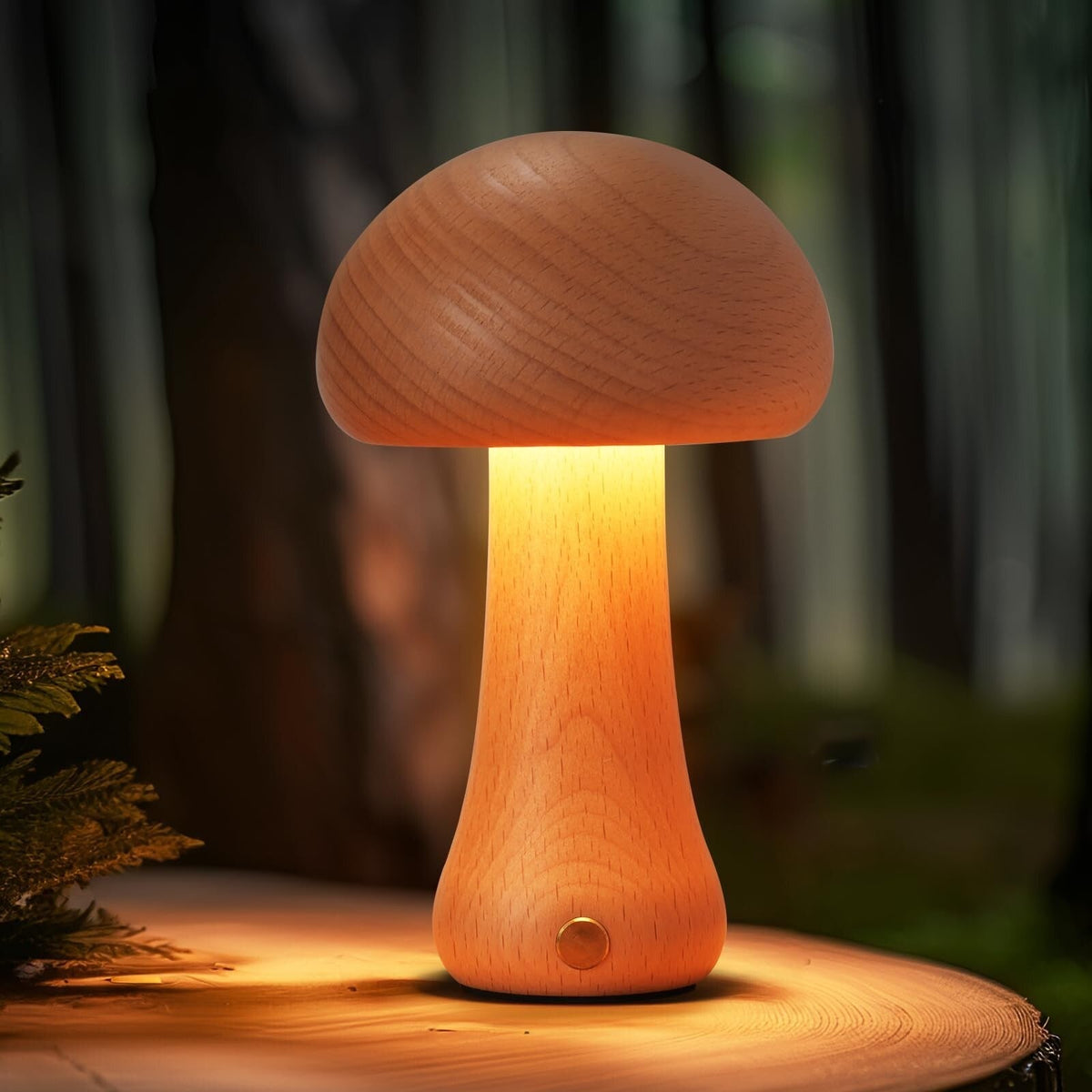 Lampada Fungo in legno ricaricabile accesa, luce calda senza fili