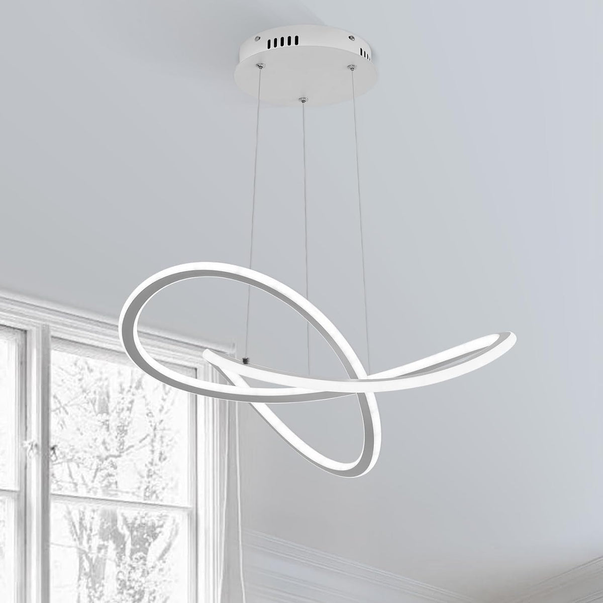 Lampadario Anello bianco, anello irregolare intrecciato, vista frontale