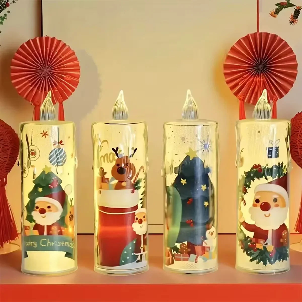 Candele LED natalizie: set di 4 candele in acrilico trasparente con Babbo Natale e renna, accese
