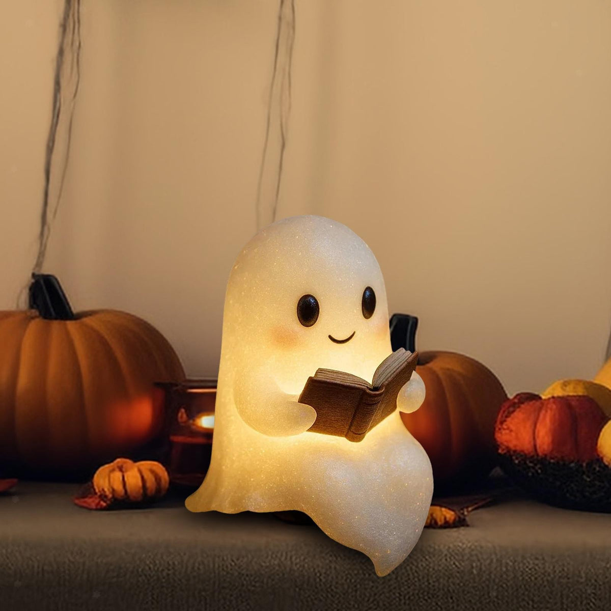 Luce notturna Fantasmino che legge, accesa tra le zucche